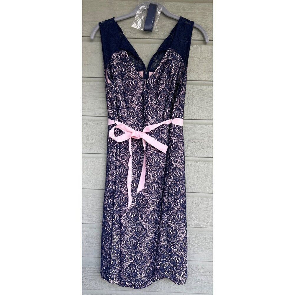 Motherhood Maternity Womens Lace Overlay Dress Size Medium Pink and Blue Ribbon